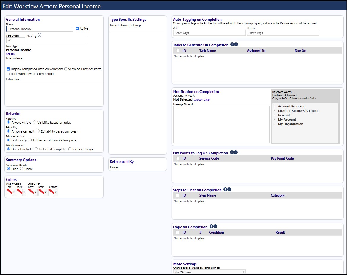Personal Income Action Step Setup