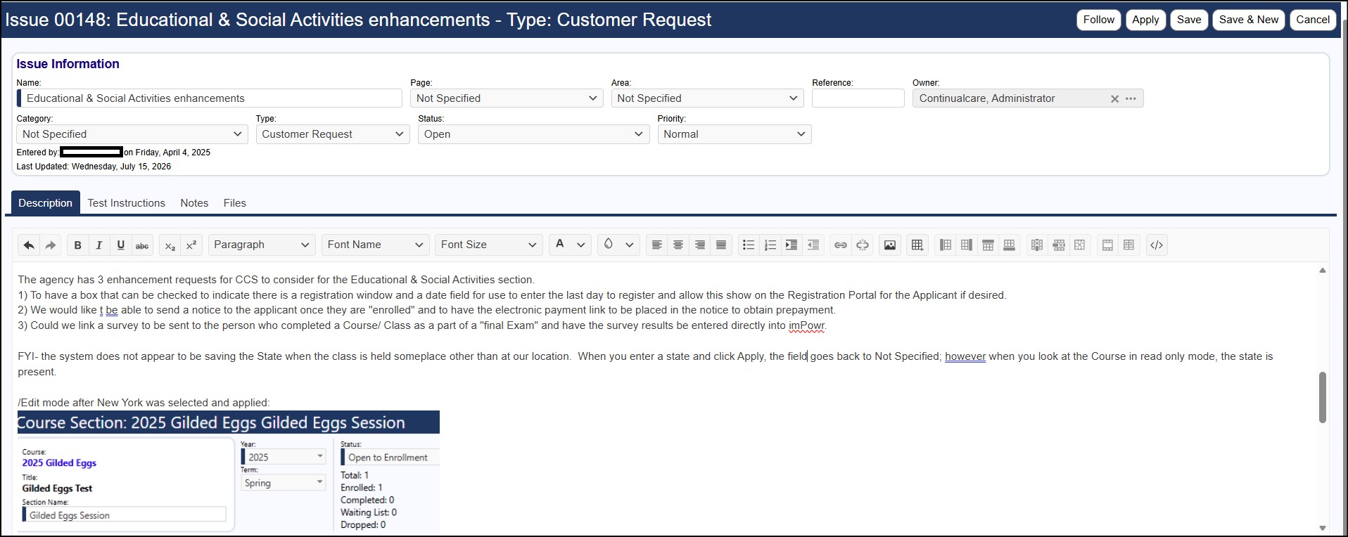Example of Issue Tracker Change Request